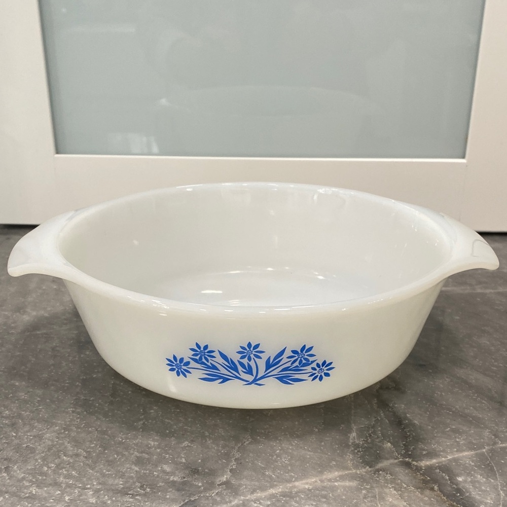 Anchor Hocking White Milk Glass Bake Dish with Blue Floral Cornflower Pattern